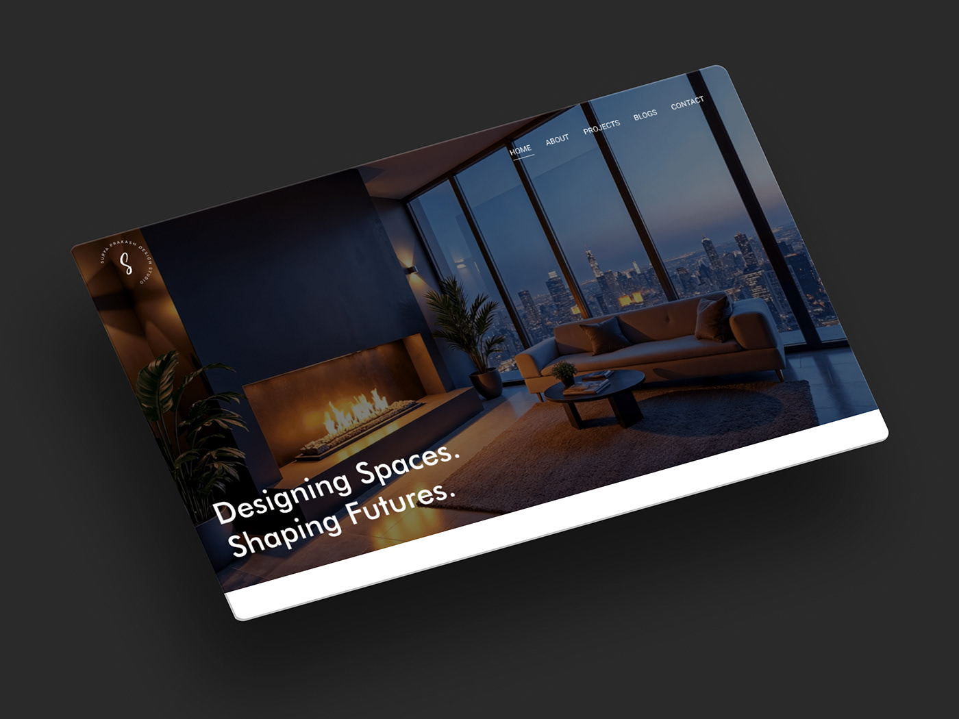 Interior design studio website — hero with dark, moody living room render