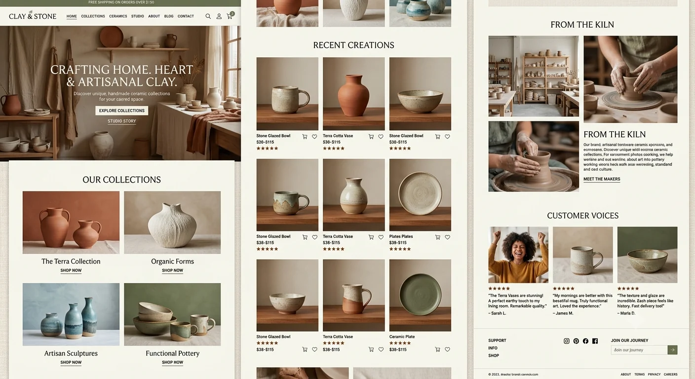 Handmade ceramics store design showing collections, product grid and customer section