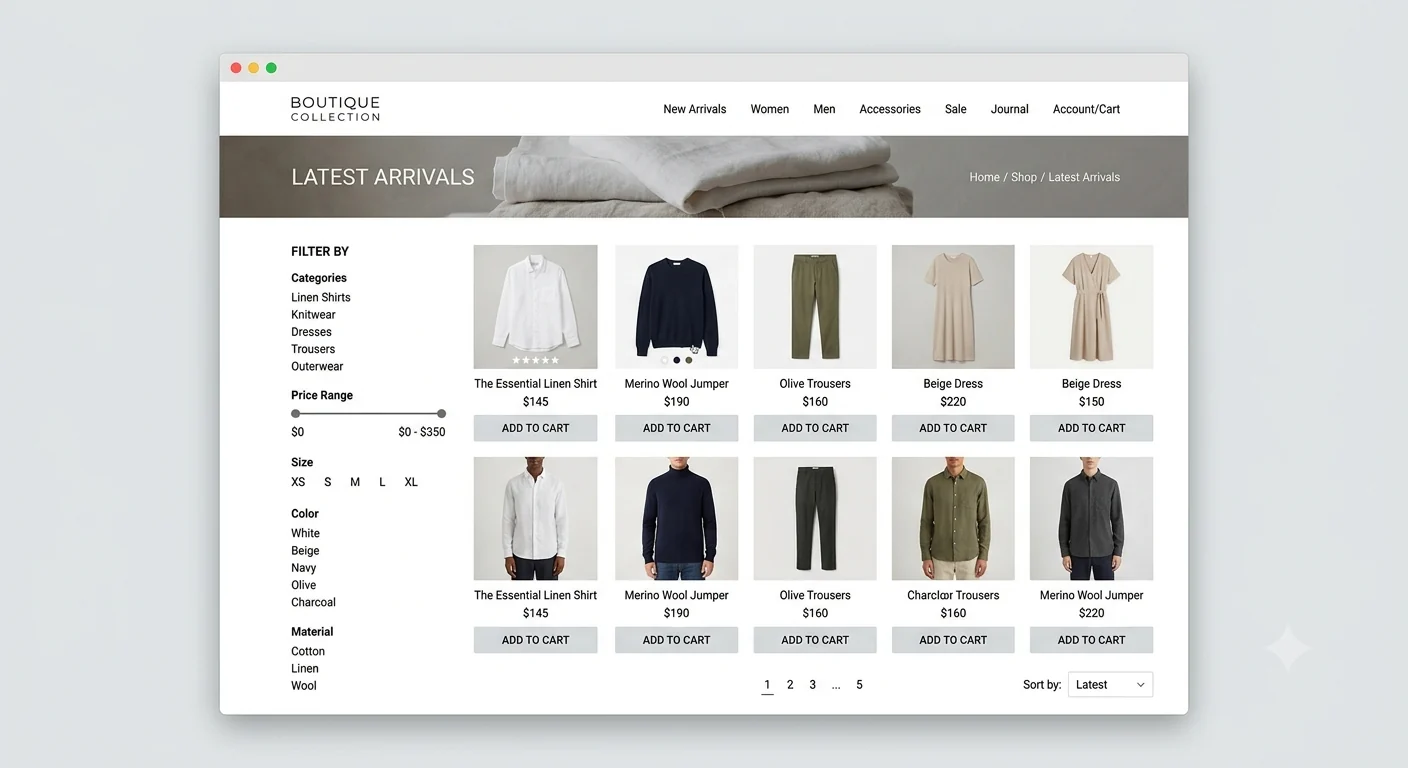 Fashion store collection page design with product filters and a product grid