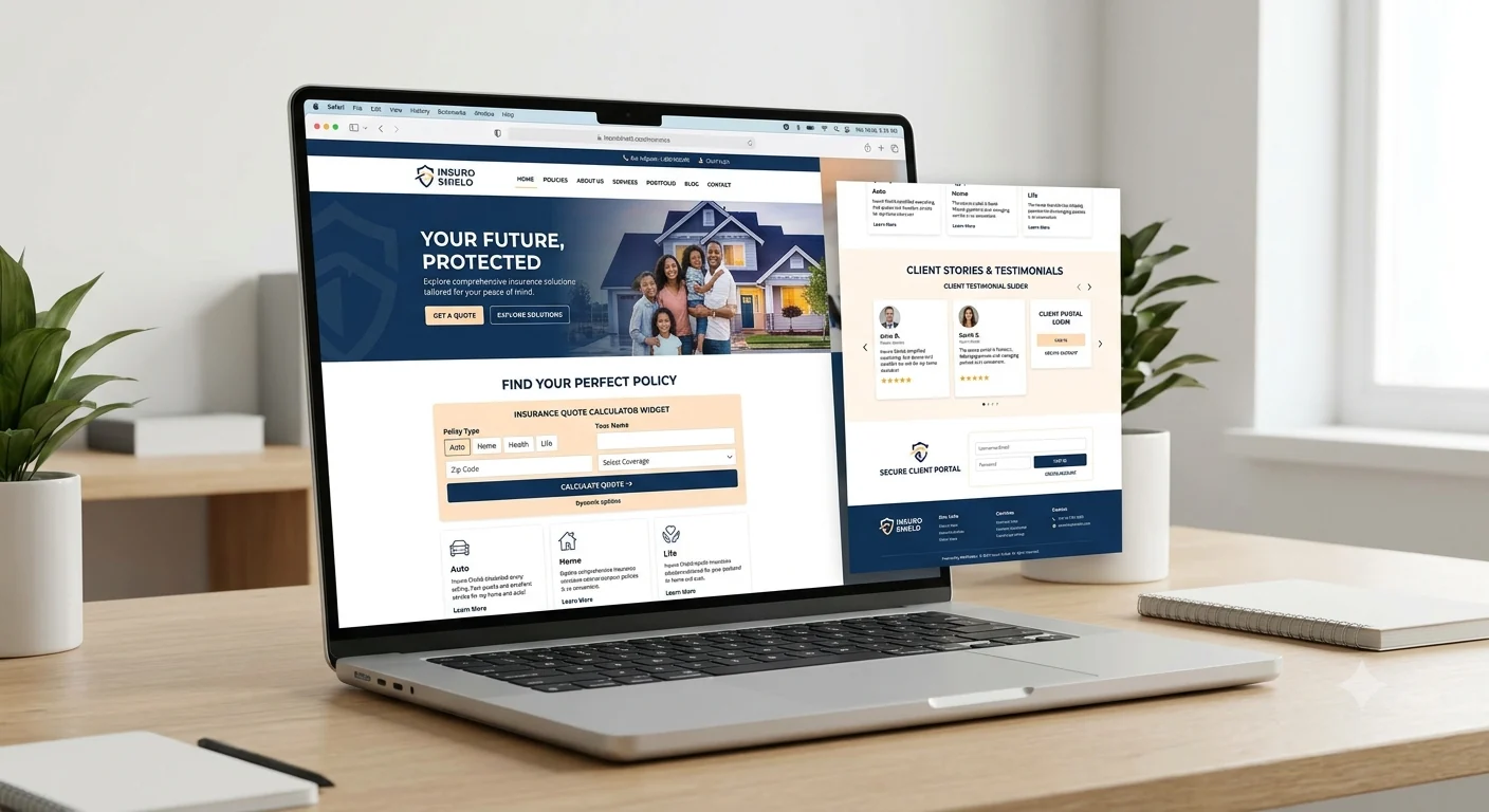 Insurance company website design with a quote calculator and testimonial section