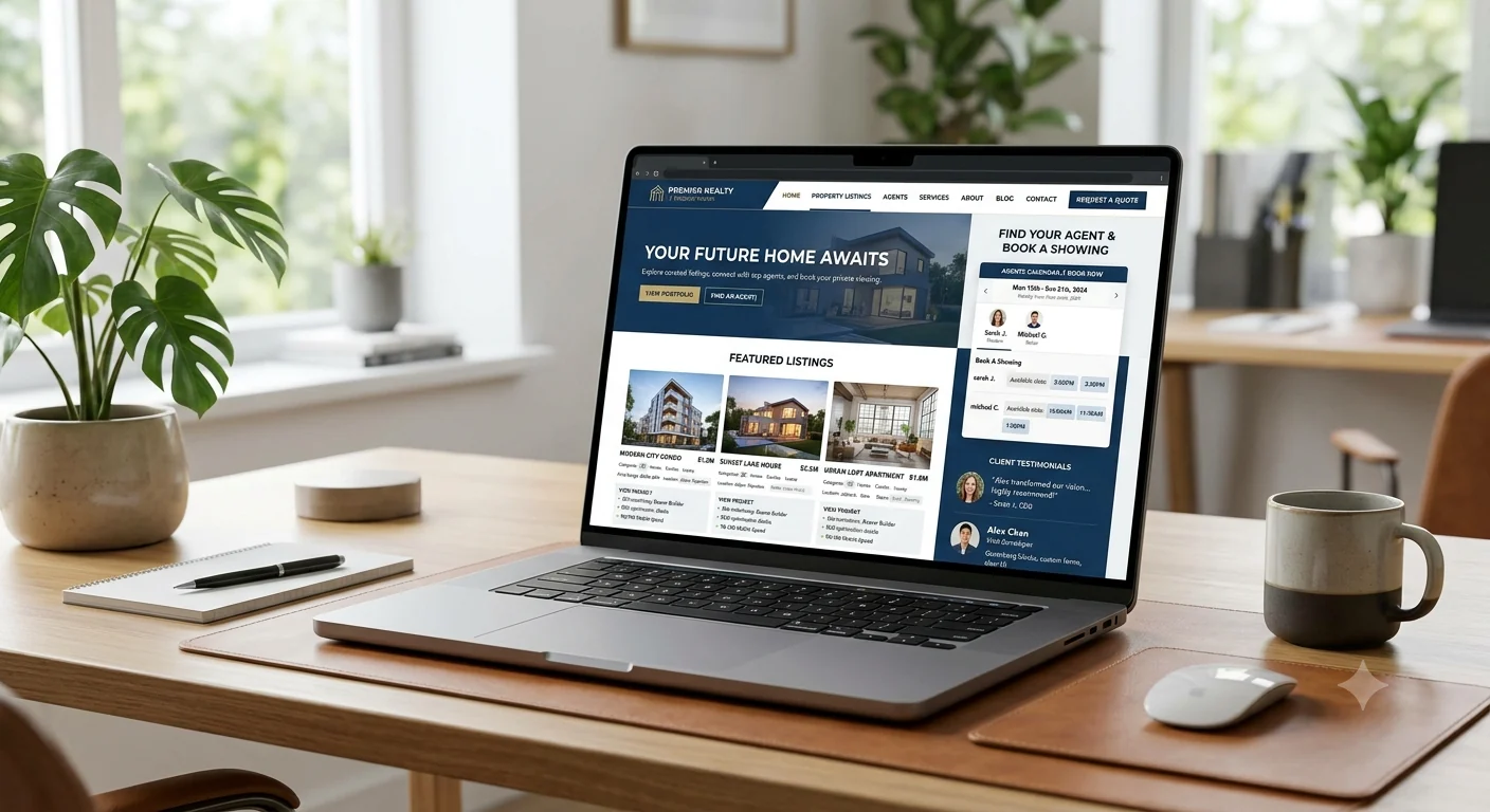 Property listings website design with featured listings and a showing booking calendar