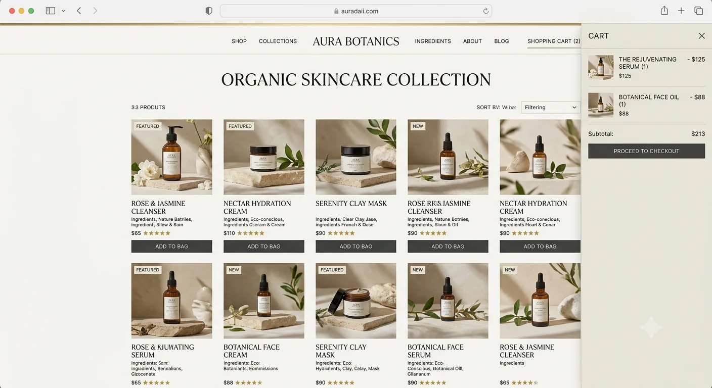 Organic skincare shop collection page design with a slide-out cart